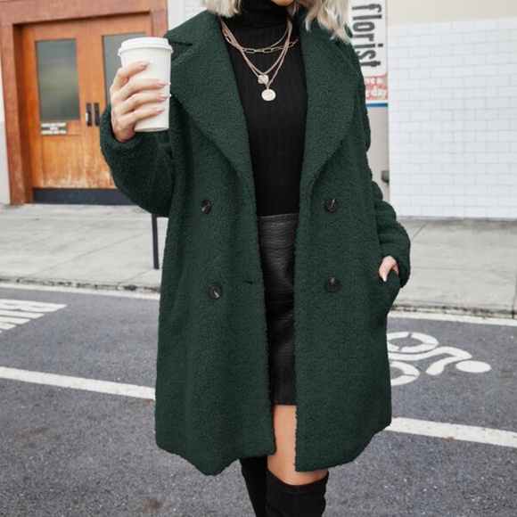 Cozy Red Oversized Teddy Pea Coat Jacket Button up Luxe - Picture 5 of 13